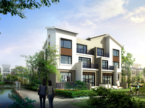  现代独栋别墅外观psd 