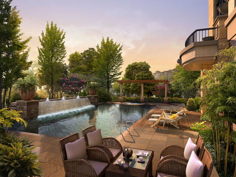  现代别墅庭院花园游泳池psd 