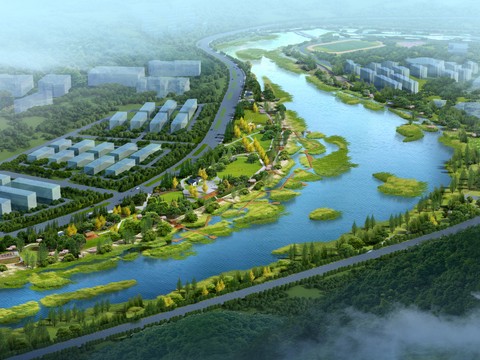  现代湿地园林鸟瞰景观psd 