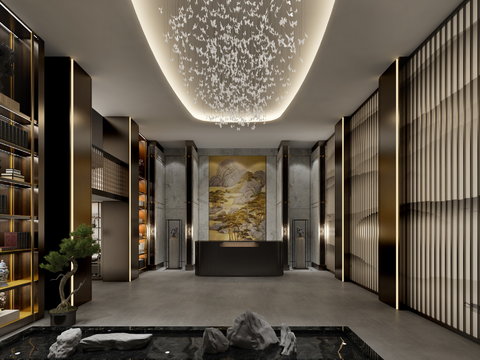  新中式会所大堂前台3d模型 