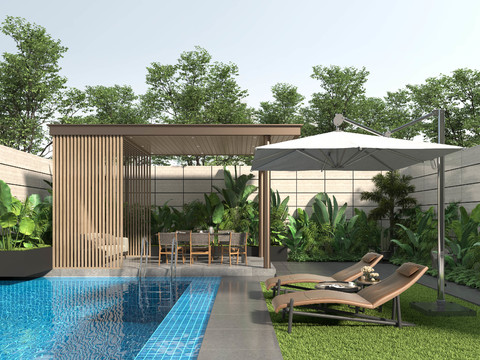  现代别墅庭院凉亭泳池3d模型 