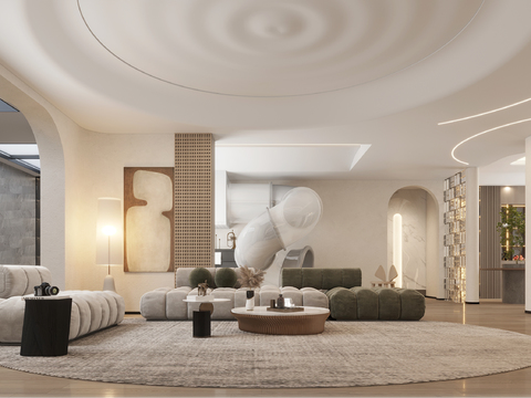  侘寂别墅客厅餐厅3d模型 