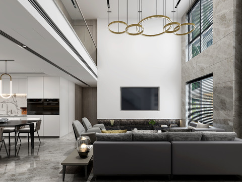  现代别墅客厅餐厅3d模型 