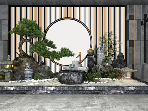  新中式松树假山流水景观小品3d模型 