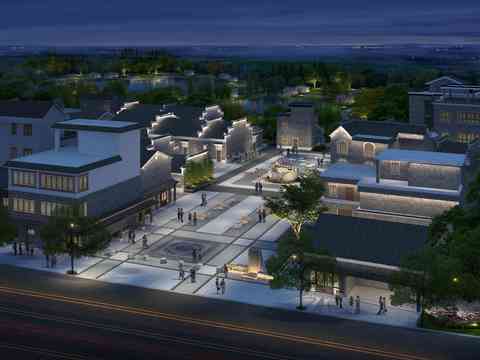  新中式住宅楼鸟瞰夜景psd 