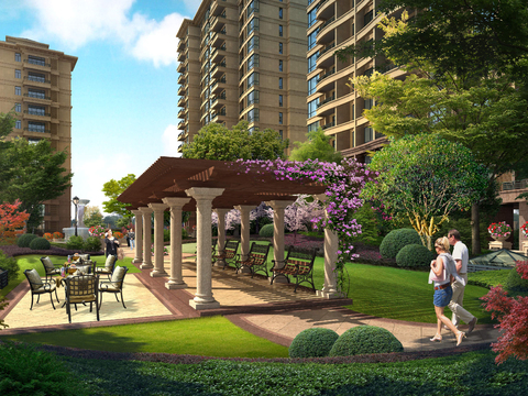  新中式小区公园园林景观psd 