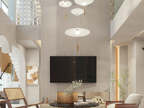  侘寂风别墅大堂餐厅3d模型 