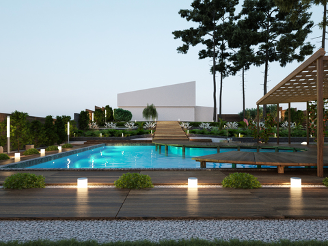  现代花园露天游泳池3d模型 