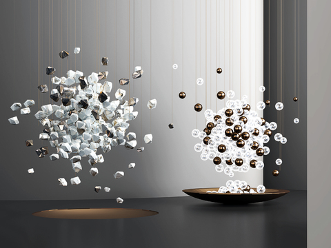  现代几何雕塑吊灯3d模型下载 悬浮立方体球体装饰 高端家居 