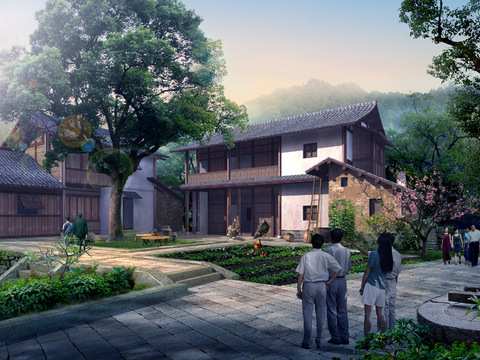  新中式民宿外观psd 