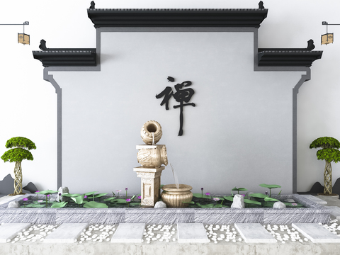  新中式荷花水景园艺小品3d模型 
