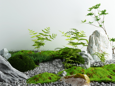  新中式假山灌木草小品3d模型 