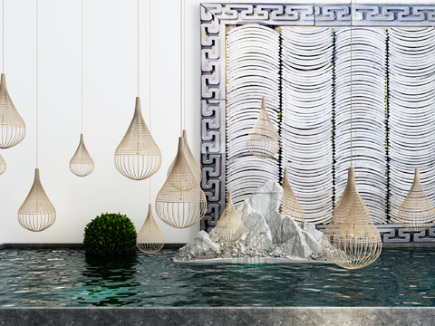  新中式水景假山园林景观3d模型 