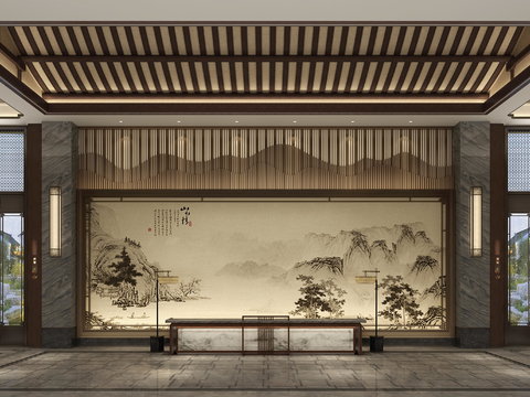  新中式会所前台大堂3d模型 