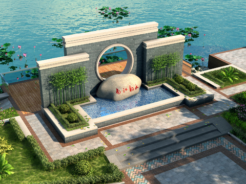  中式湖滨园林景观3d模型 