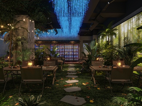  露营风酒吧 古树吊灯3d模型 