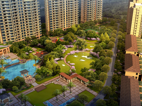  现代小区公园游泳池鸟瞰psd 