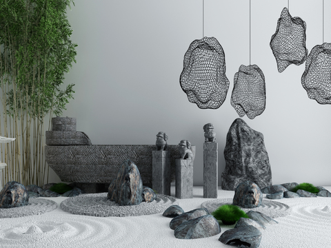  新中式假山竹子园艺小品3d模型 