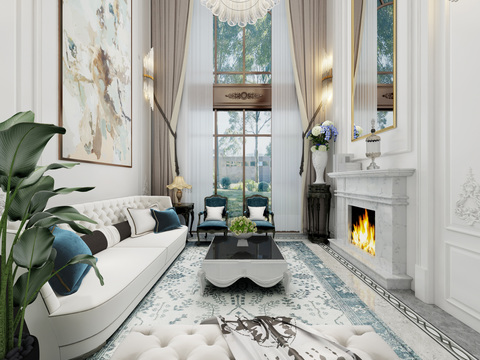  简欧轻奢别墅客厅餐厅厨房3d模型 