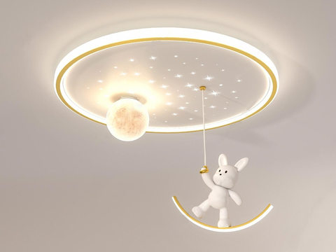  儿童房吸顶灯3d模型下载 现代梦幻星空灯饰 月亮兔子悬挂式卧室天花板灯 