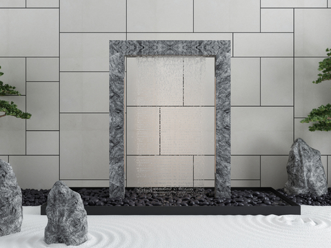  新中式庭院水景假山松树园艺小品3d模型 