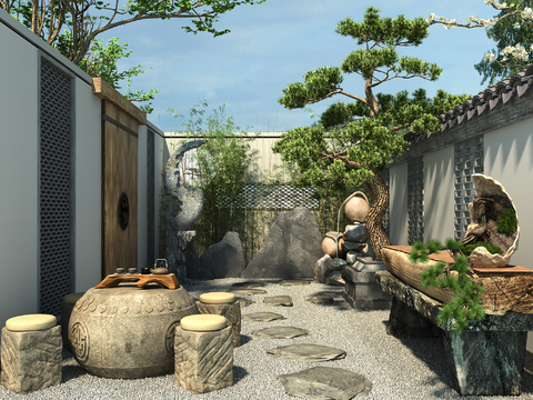  新中式庭院3d模型 