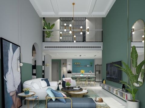  北欧复式客厅餐厅3d模型 