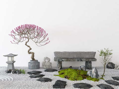  新中式绿植石头园艺小品3d模型 