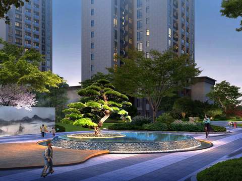  新中式庭院园林景观psd 