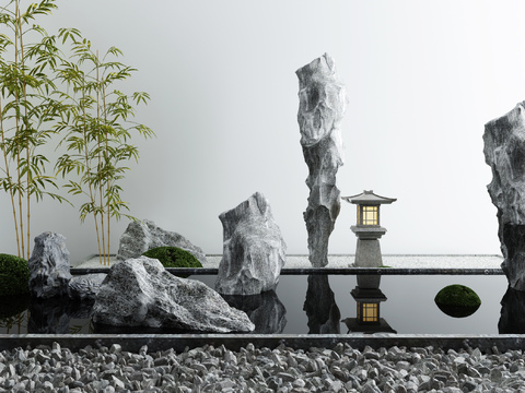  新中式竹子山石水景小品3d模型 