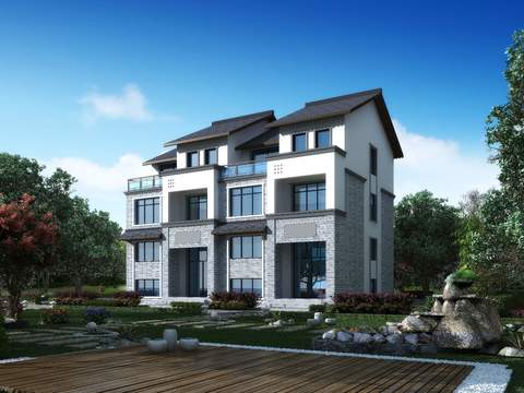  新中式别墅外观psd 