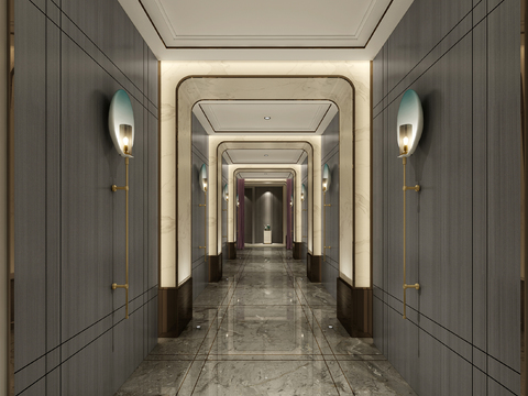  新中式会所走廊过道3d模型 