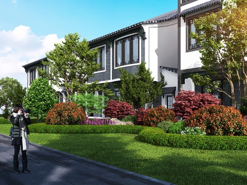  新中式民宿园林景观3d模型 