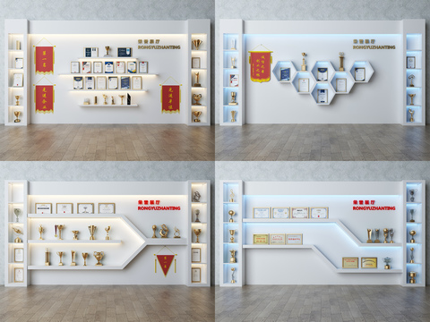  现代荣誉墙展厅奖杯锦旗3d模型 
