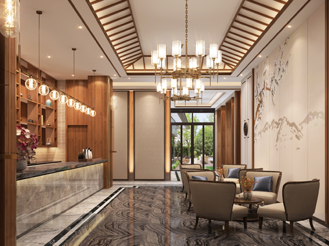  新中式茶楼大厅3d模型 