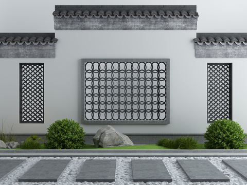  新中式马头墙假山植物石路景观小品3d模型 