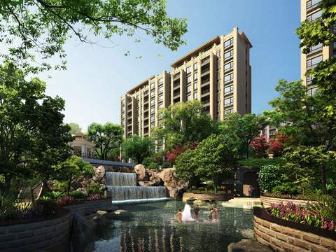  现代小区水池游玩景观psd 