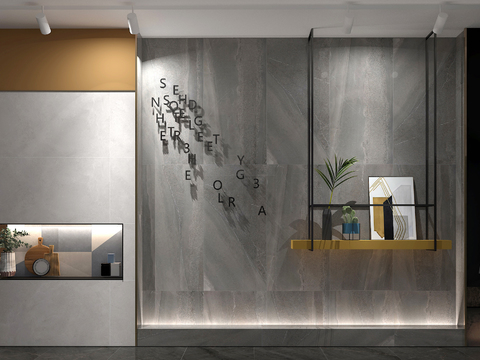  现代极简墙面装饰架3d模型下载 嵌入式展示柜 植物艺术金属字挂饰 