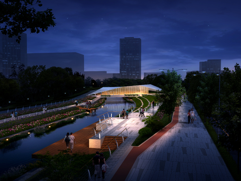  现代湖边公园夜景psd 