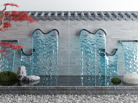  新中式瀑布水景小品3d模型 