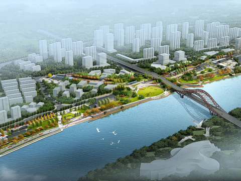  现代住宅楼河道园林景观psd 