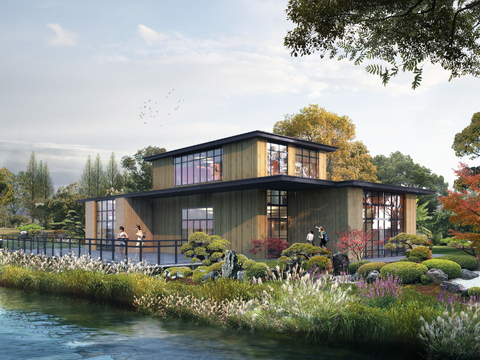  现代湿地园林建筑外观psd 