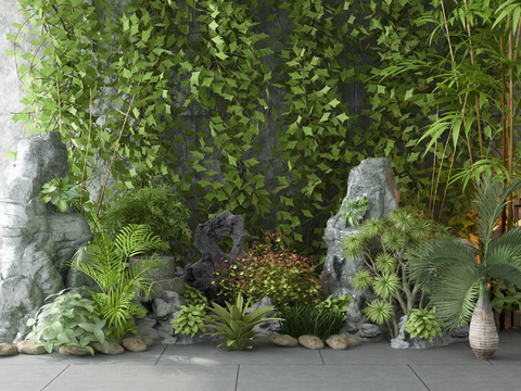  现代绿植假山3d模型 