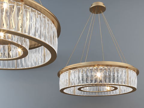  奢华现代水晶吊灯3d模型下载 金色金属框架轻奢客厅灯具 别墅装饰吊灯设计 