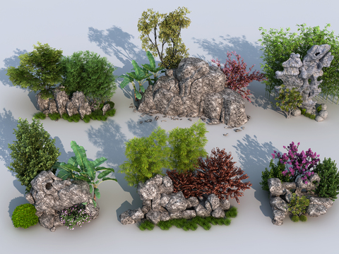  新中式假山绿植园艺小品3d模型 