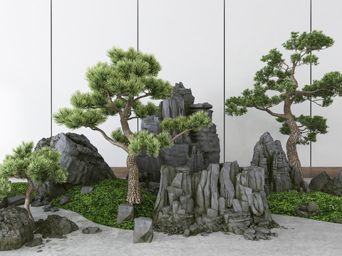  新中式假山松树景观小品3d模型 