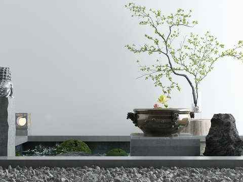  新中式禅意水景景观小品3d模型 