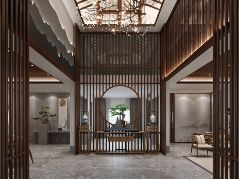  新中式度假山庄大厅会客厅绘画室3D模型 