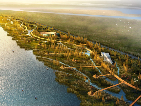  现代湿地园林鸟瞰psd 