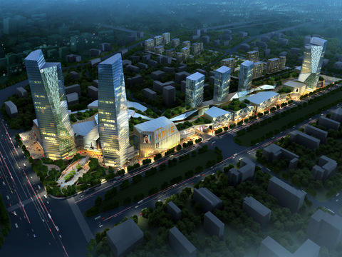  现代办公楼鸟瞰夜景psd 